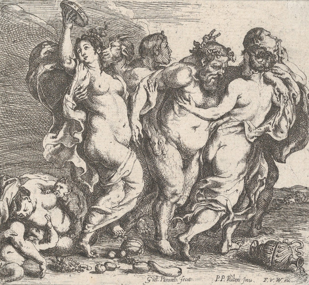 O bêbado Silenus, acompanhado por ninfas e sátiros, 1632. de Willem Panneels