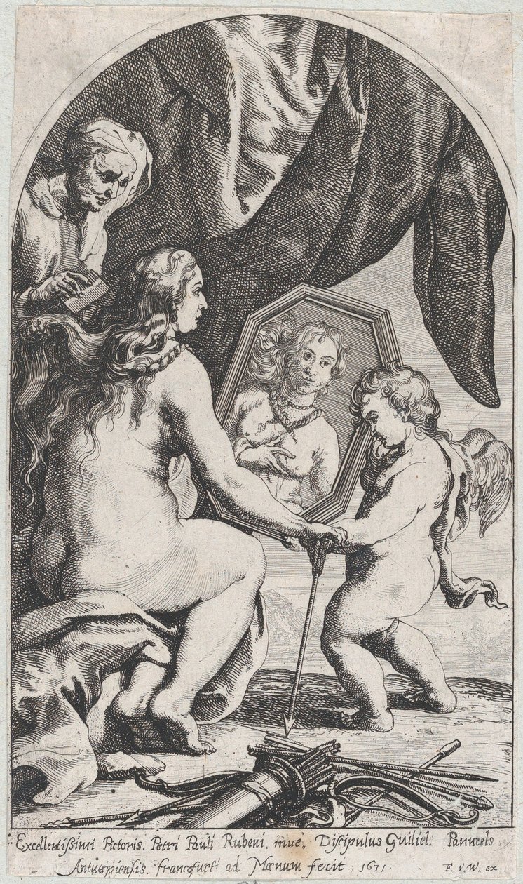 Vénus diante de um espelho segurado por Cupido enquanto o seu cabelo é penteado por uma mulher velha, 1631. de Willem Panneels