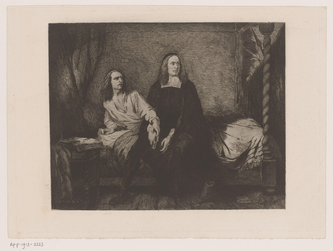 Os irmãos de Witt sentados em uma cama no portão da prisão de Willem Philip van der Veken (attributed to)