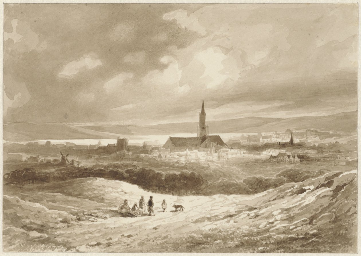 Vista das colinas de uma cidade à beira de um lago de Willem Pieter Hoevenaar