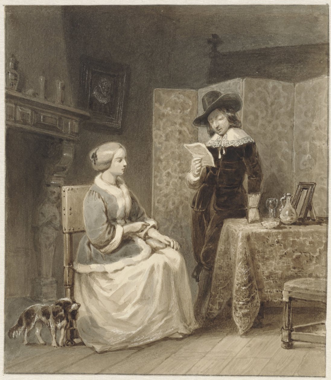 Interior histórico com mulher sentada e em pé, lendo o homem de Willem Pieter Hoevenaar