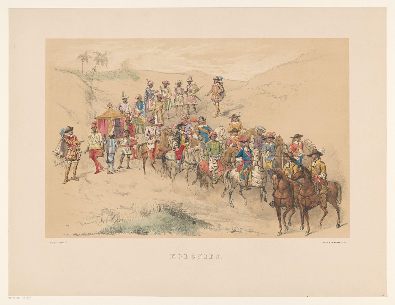 Quarto grupo de máscaras de Utrecht em 1856 Colônias (título no objeto) Nossa pátria em meados do século XVII, proposta por H.H. estudantes, membros da Mutua Fides, em comemoração aos 220 anos da Utrechtsche Hoogeschool, 25 de junho de Willem Pieter Hoevenaar