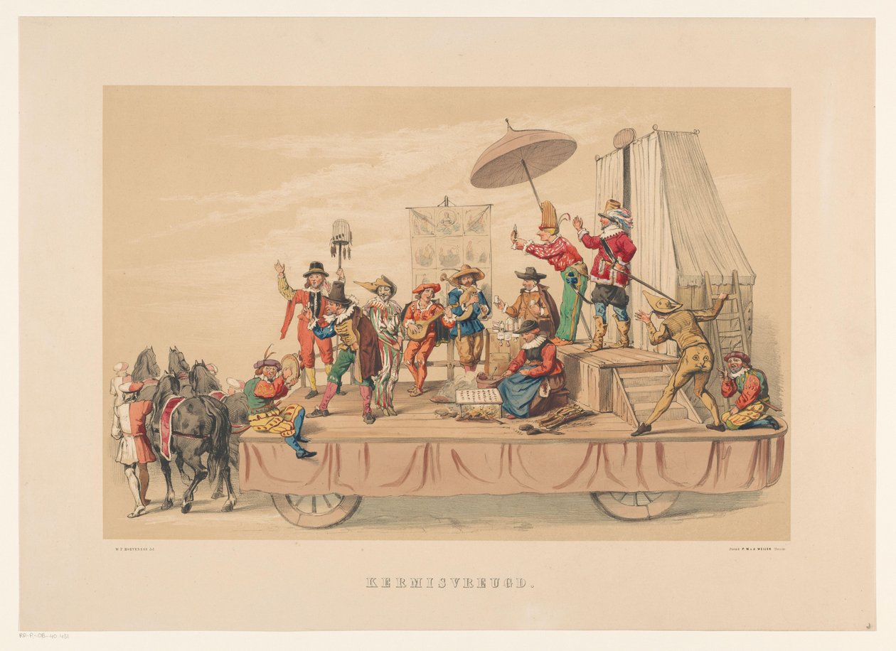 Sexto grupo de máscaras de Utrecht em 1856 Feliz Natal (título no objeto) Nossa pátria em meados do século XVII, proposta por H.H. estudantes, membros da Mutua Fides, em comemoração ao 220º aniversário da Utrechtsche Hoogeschool, 25º. de Willem Pieter Hoevenaar