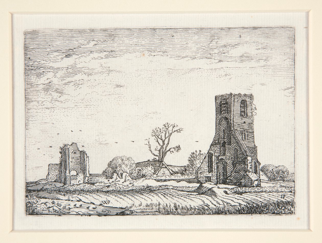 Ruínas de uma igreja (Capela de Eykenduynen perto de Haia), Placa 10 de The Set of the Landscapes de Willem Pietersz. Buytewech