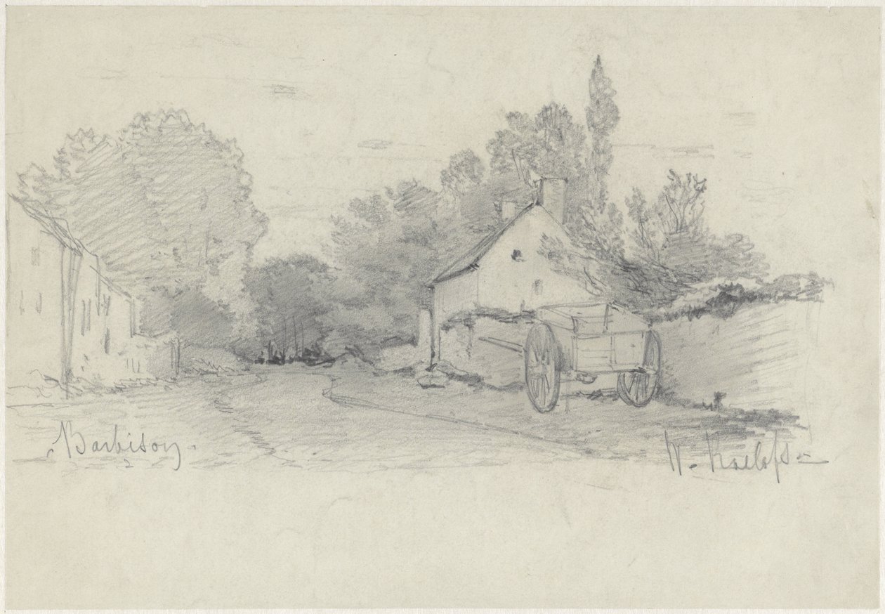 Vista de uma rua com um carrinho em Barbizon de Willem Roelofs (I)