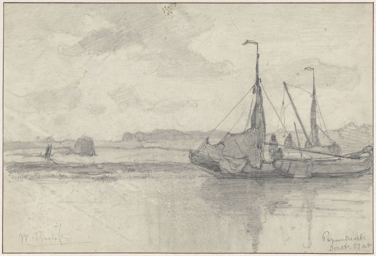 Barcos de pesca em uma paisagem em Papendrecht de Willem Roelofs (I)