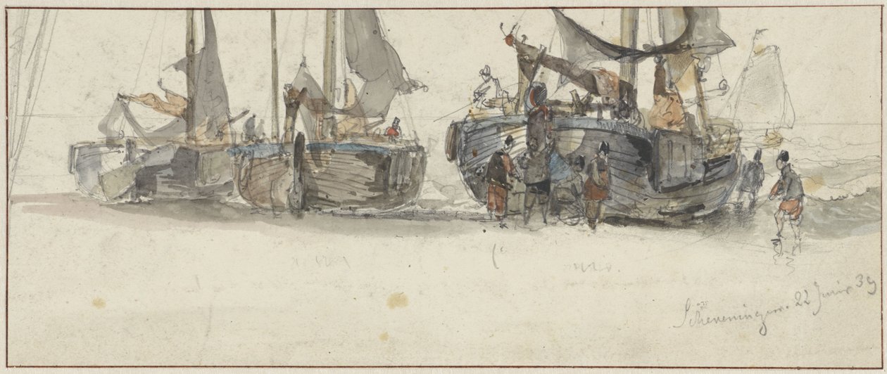 Barcos de pesca na praia de Scheveningen de Willem Roelofs (I)