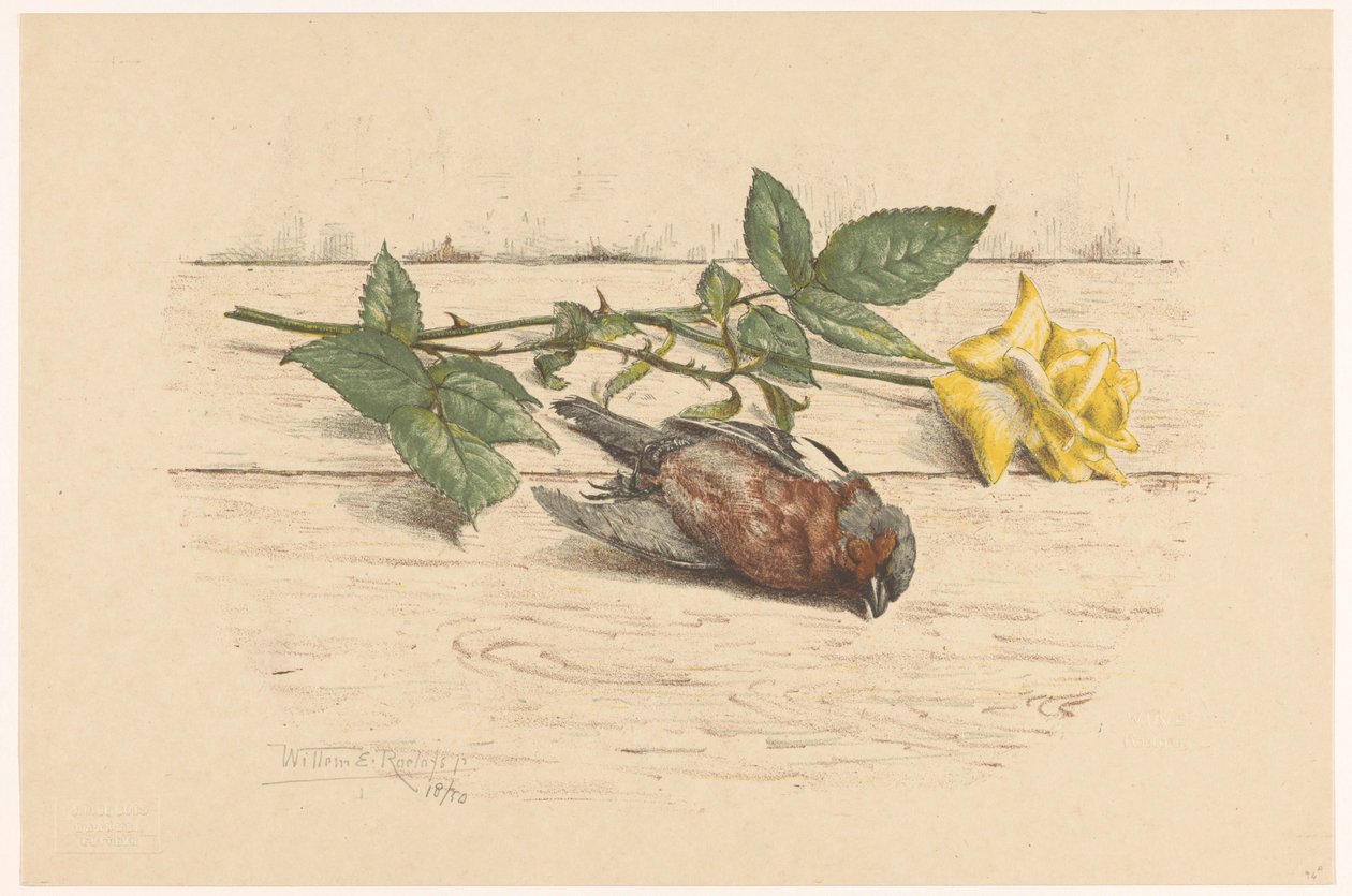 Tentilhão morto deitado junto a uma rosa de Willem Roelofs (II) (signed by artist)
