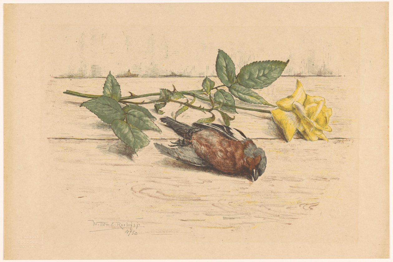Passarinho morto deitado ao lado de uma rosa de Willem Roelofs (II) (signed by artist)