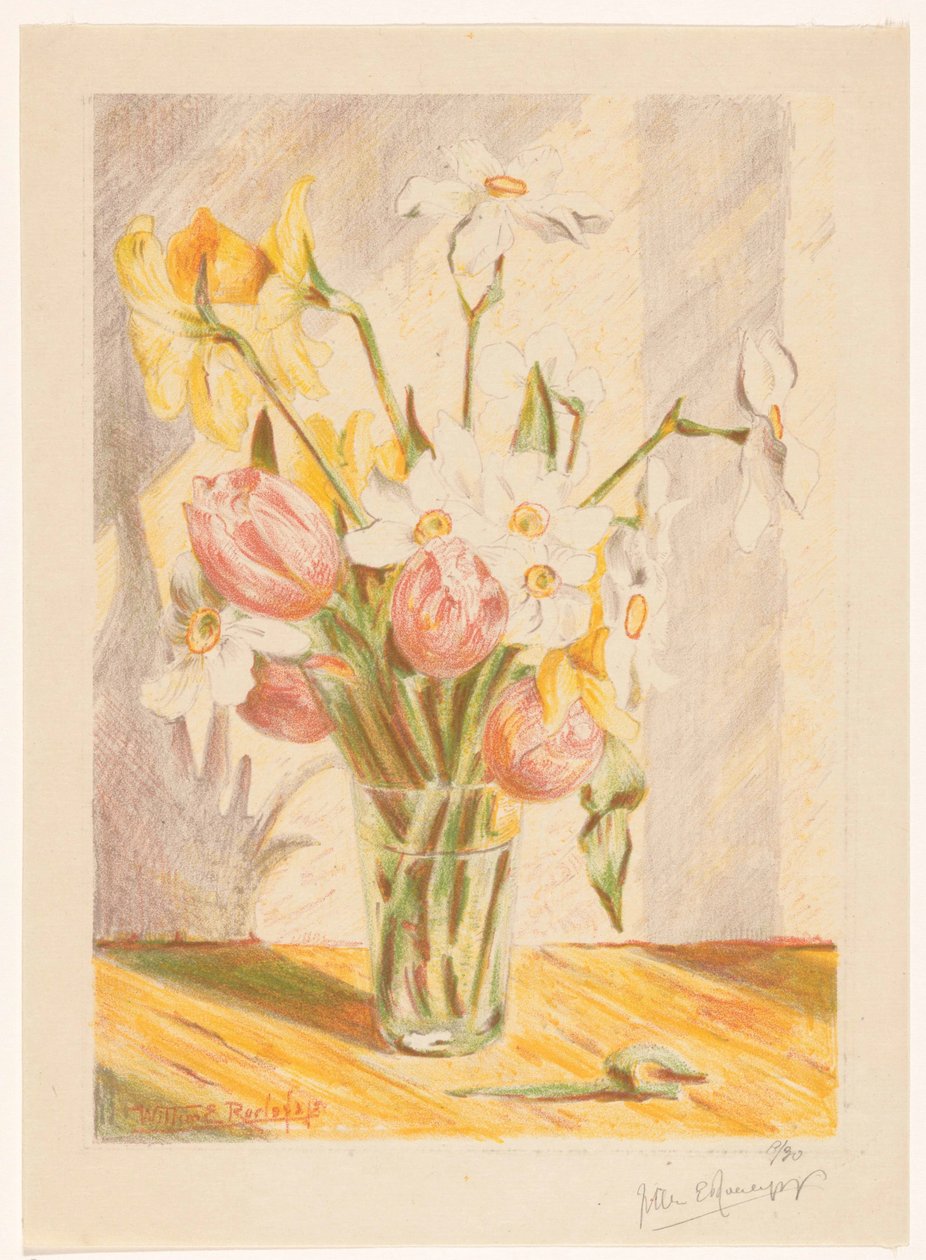 Tulipas e narcisos em um vaso de Willem Roelofs (II) (signed by artist)