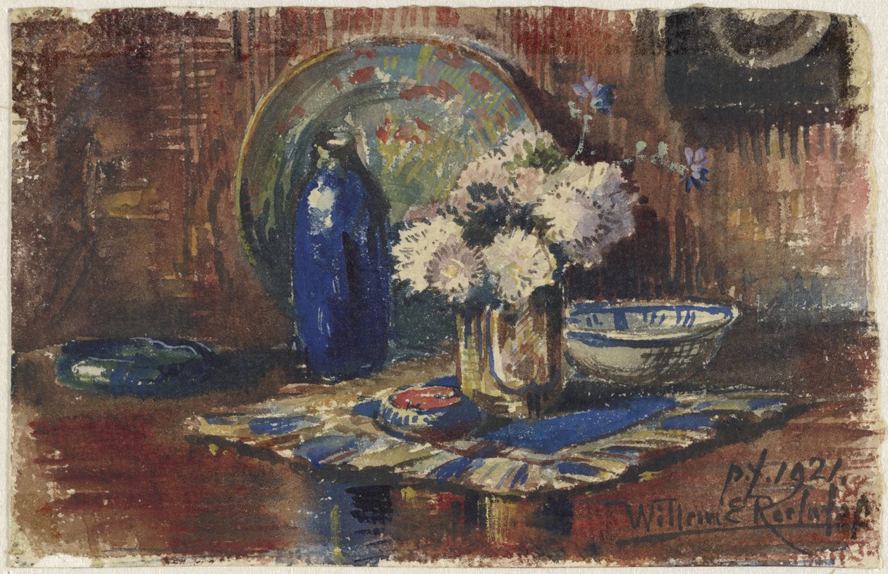 Natureza morta com garrafa azul e vaso com flores de Willem Roelofs (II)