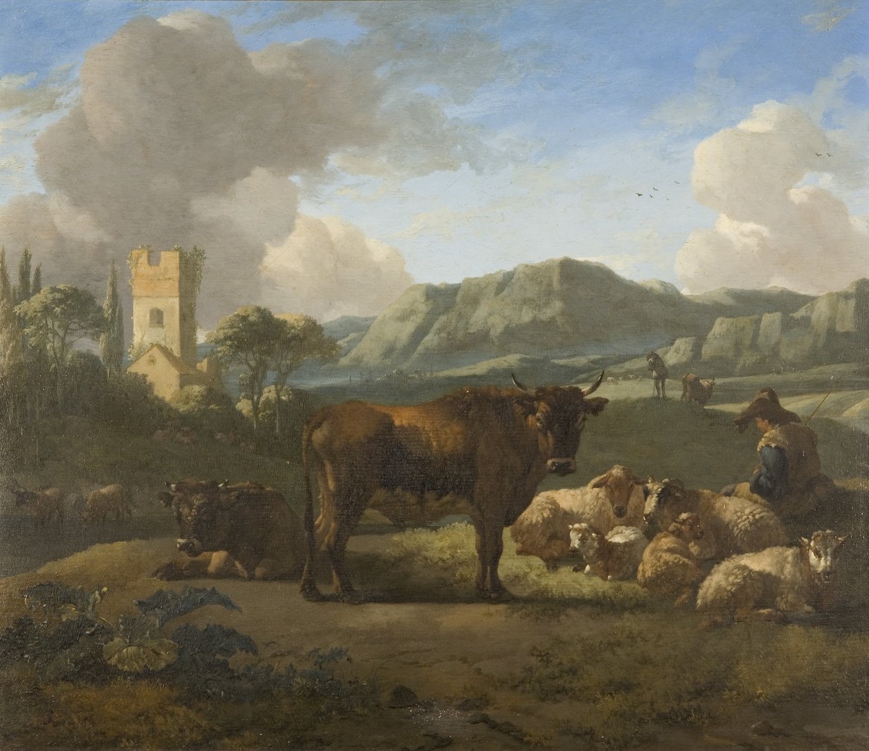 Gado e pastores em uma paisagem montanhosa, c.1650-70 (óleo no painel) de Willem Romeyn