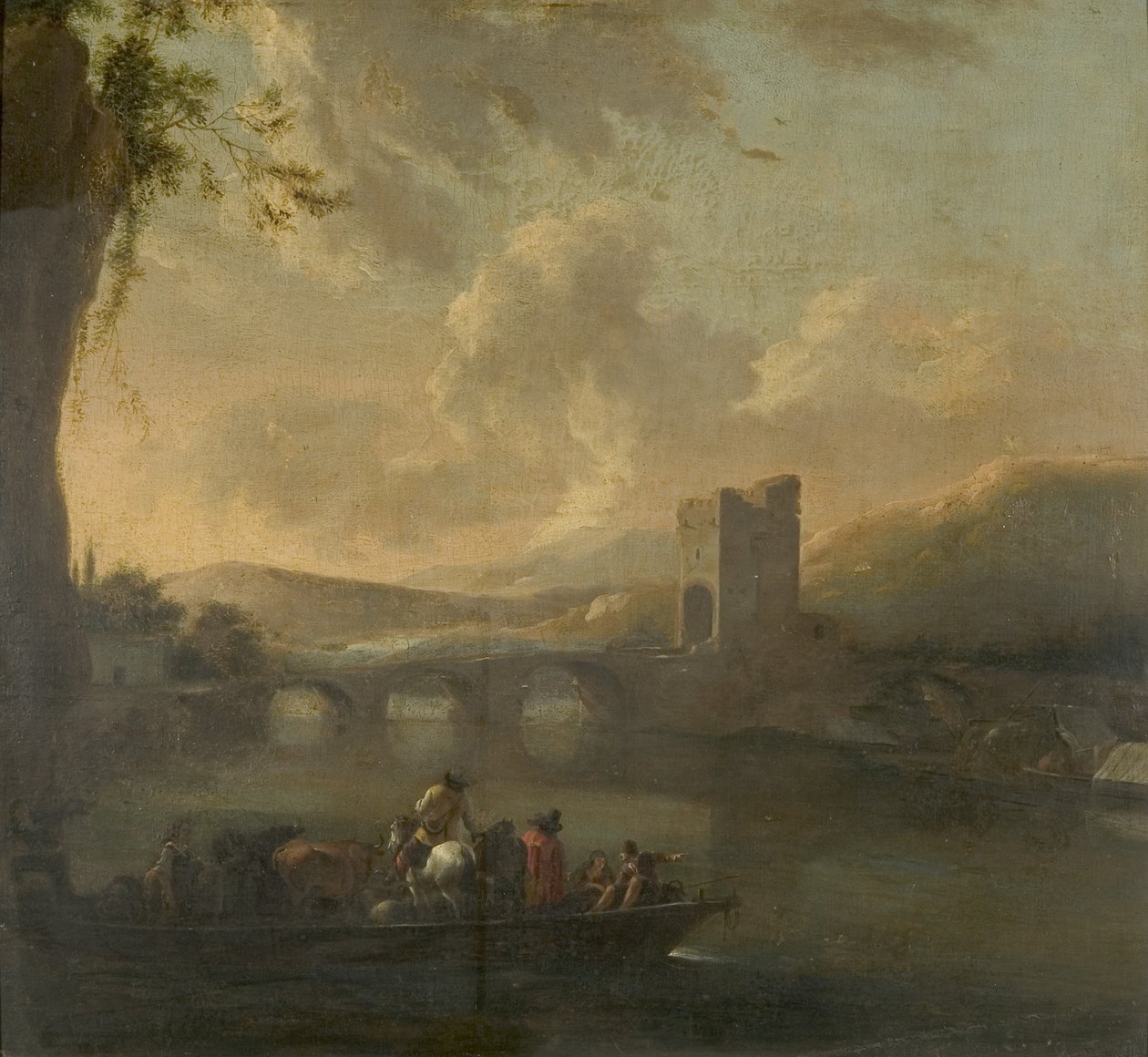 A Ferry Boat Crossing a River, c.1640 (óleo sobre tela colocado no painel) de Willem Schellinks
