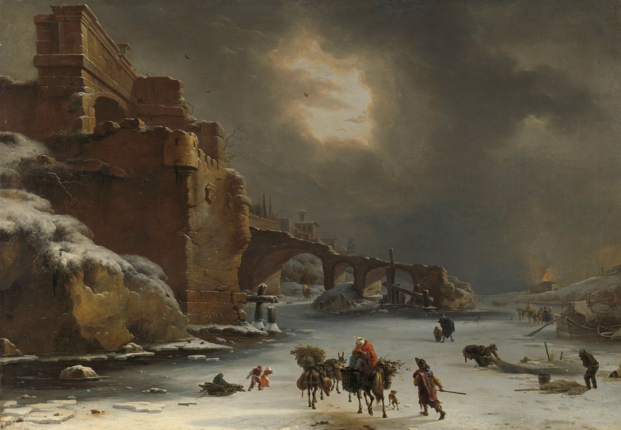 Muralhas da cidade no inverno, c.1650-70 (óleo sobre tela) de Willem Schellinks
