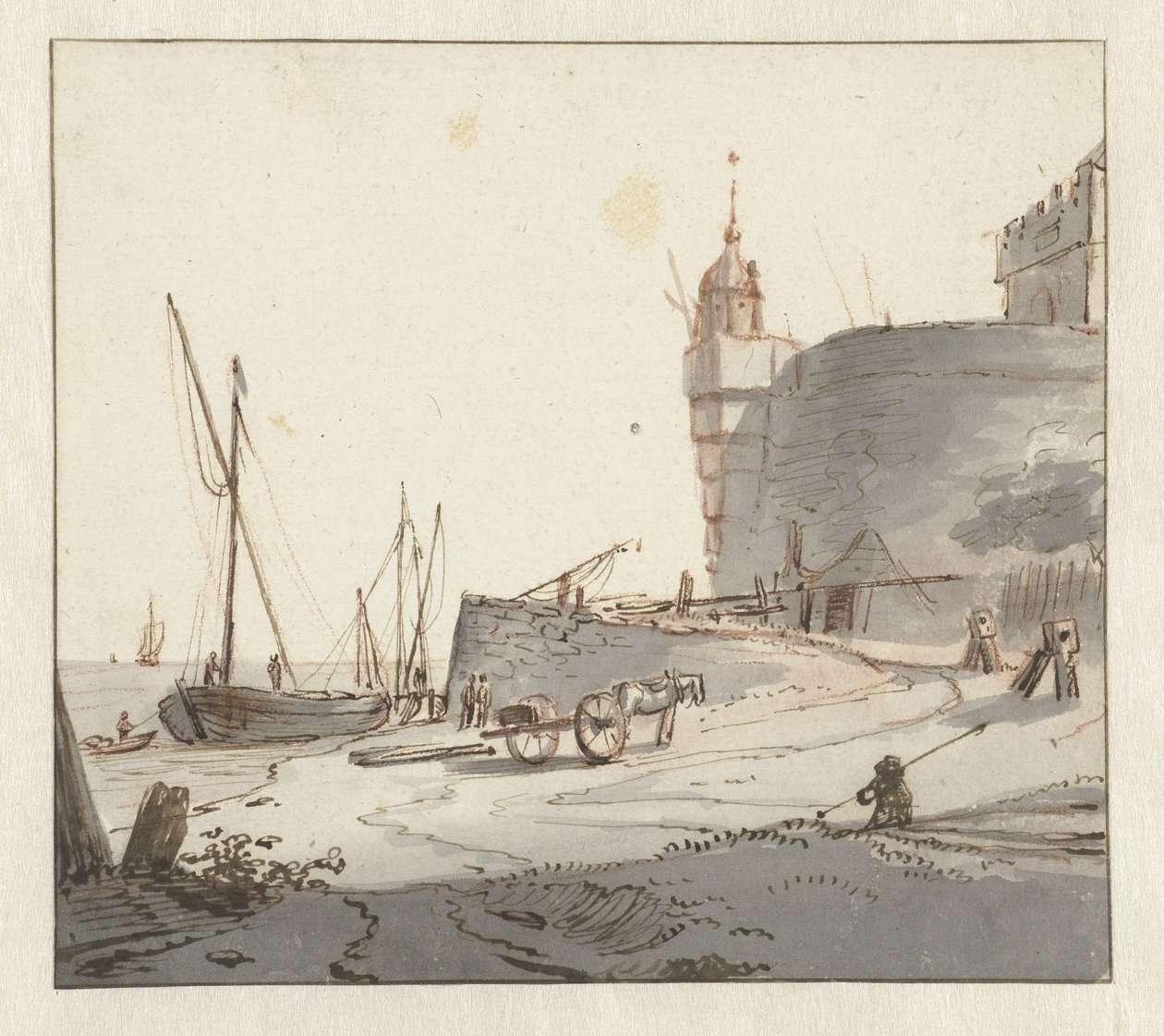 Vista de um porto perto da muralha de uma cidade de Willem Schellinks