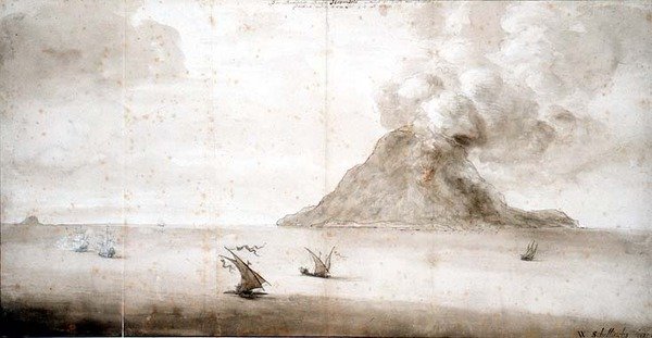 PD.703-1963 Vista do Stromboli, c.1661-5 (giz, caneta e tinta, lavar) de Willem Schellinks