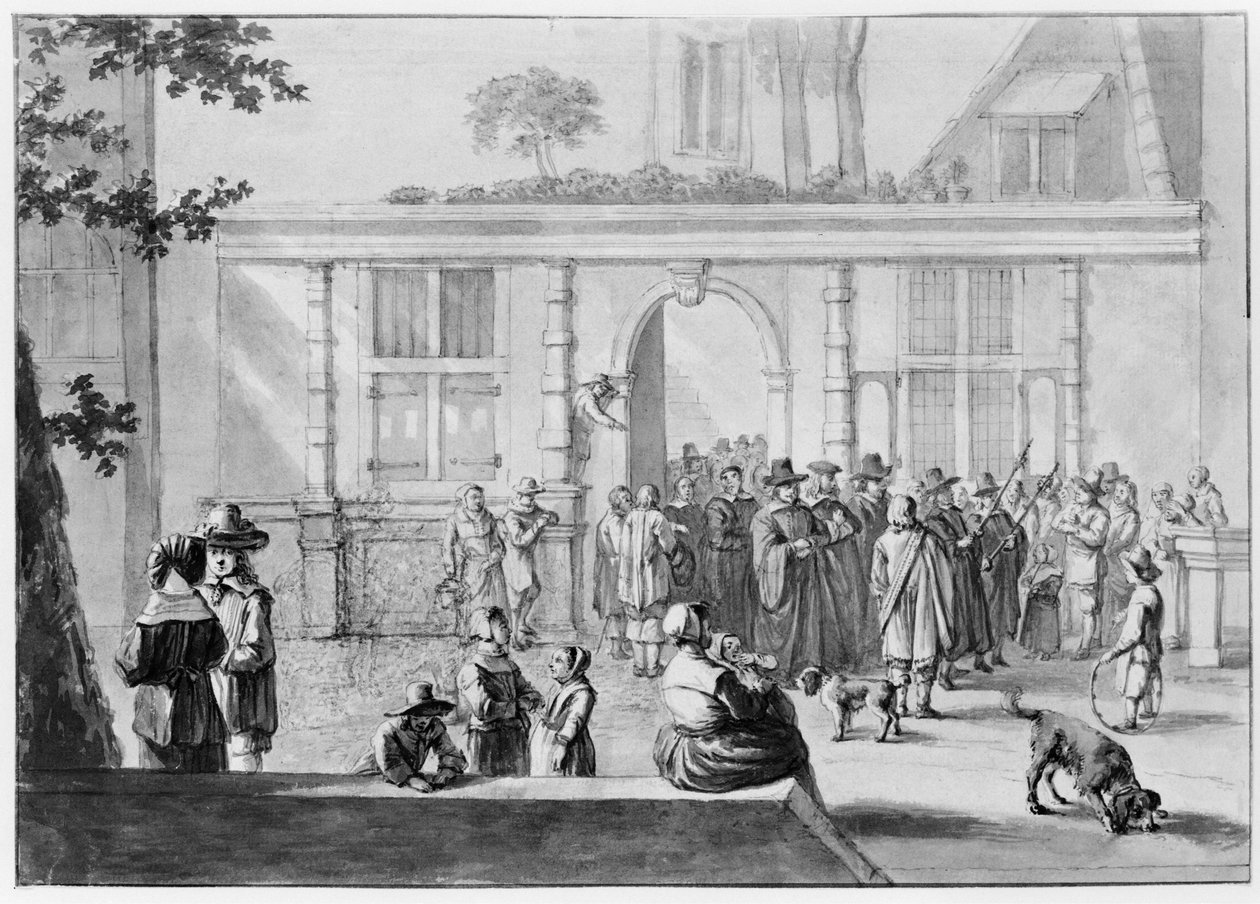 Praça com um portão ao fundo, através do qual passa uma procissão. Várias figuras junto a uma grade no primeiro plano à esquerda de Willem Schellinks