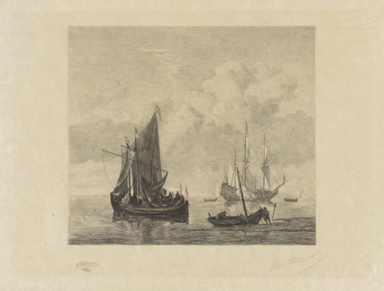 Navios à vela em mares calmos de Willem Steelink (II) (signed by artist)