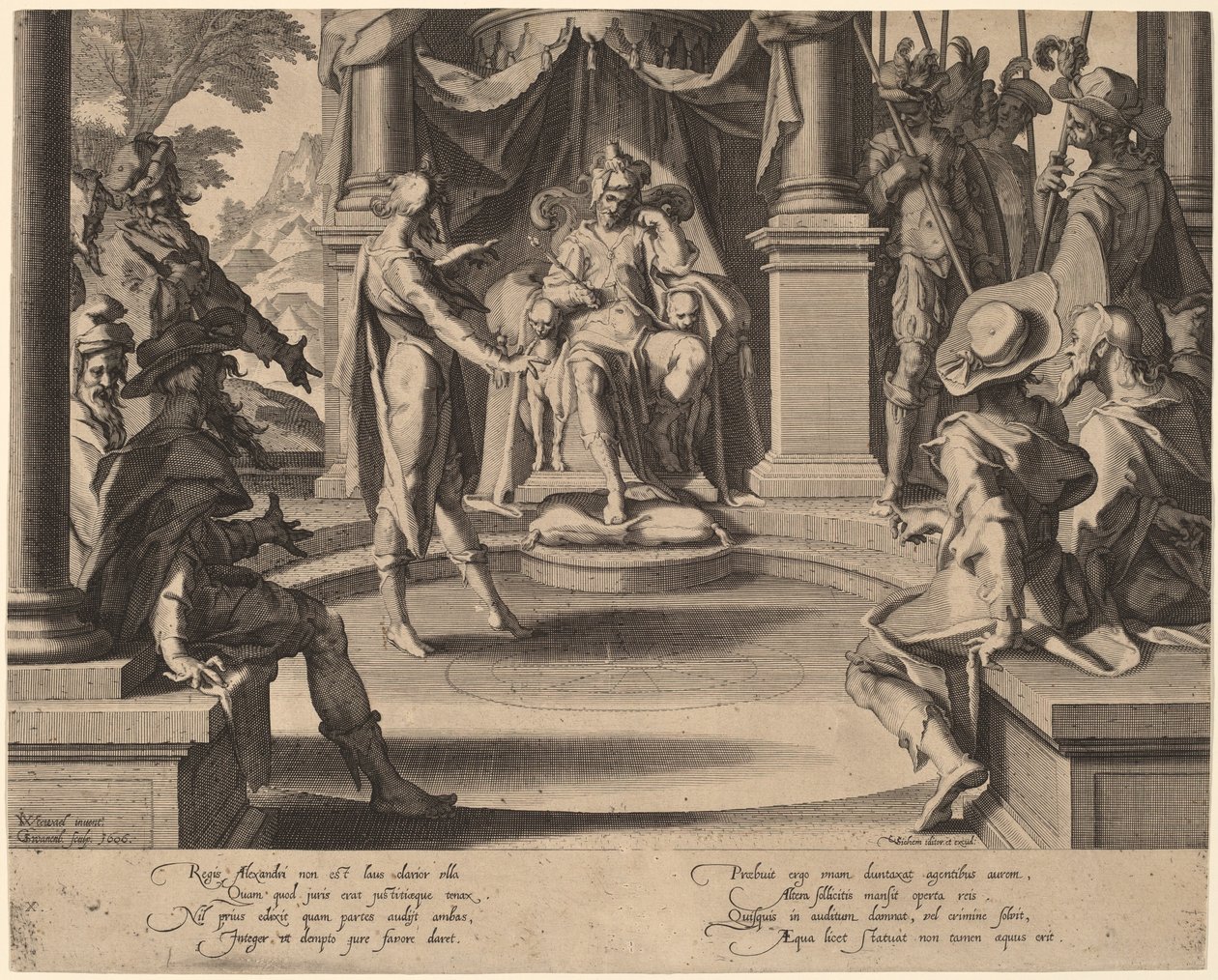 Alexandre, o Grande sentado na justiça de Willem Swanenburgh, after Joachim Anthonisz Wtewael