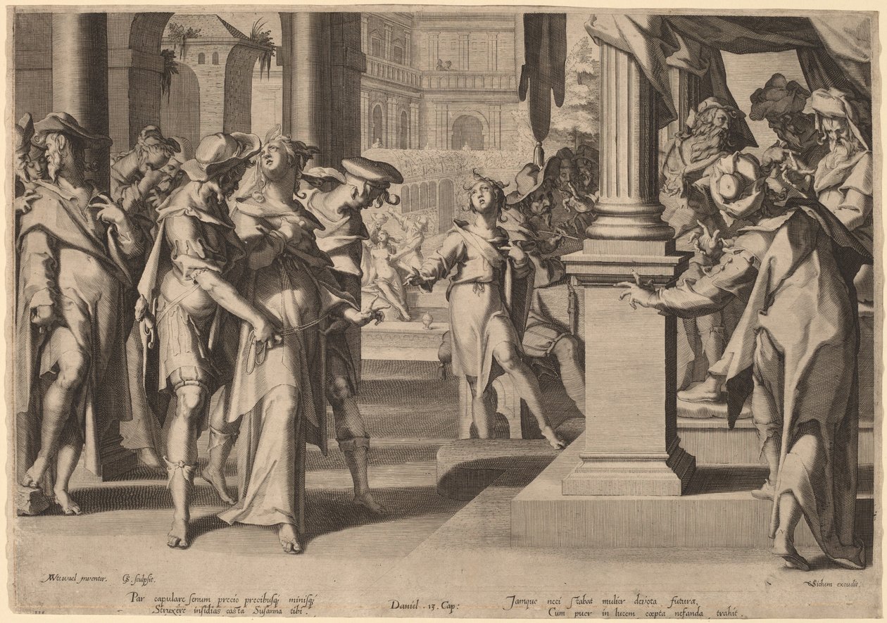 Suzannah antes de Daniel de Willem Swanenburgh, after Joachim Anthonisz Wtewael