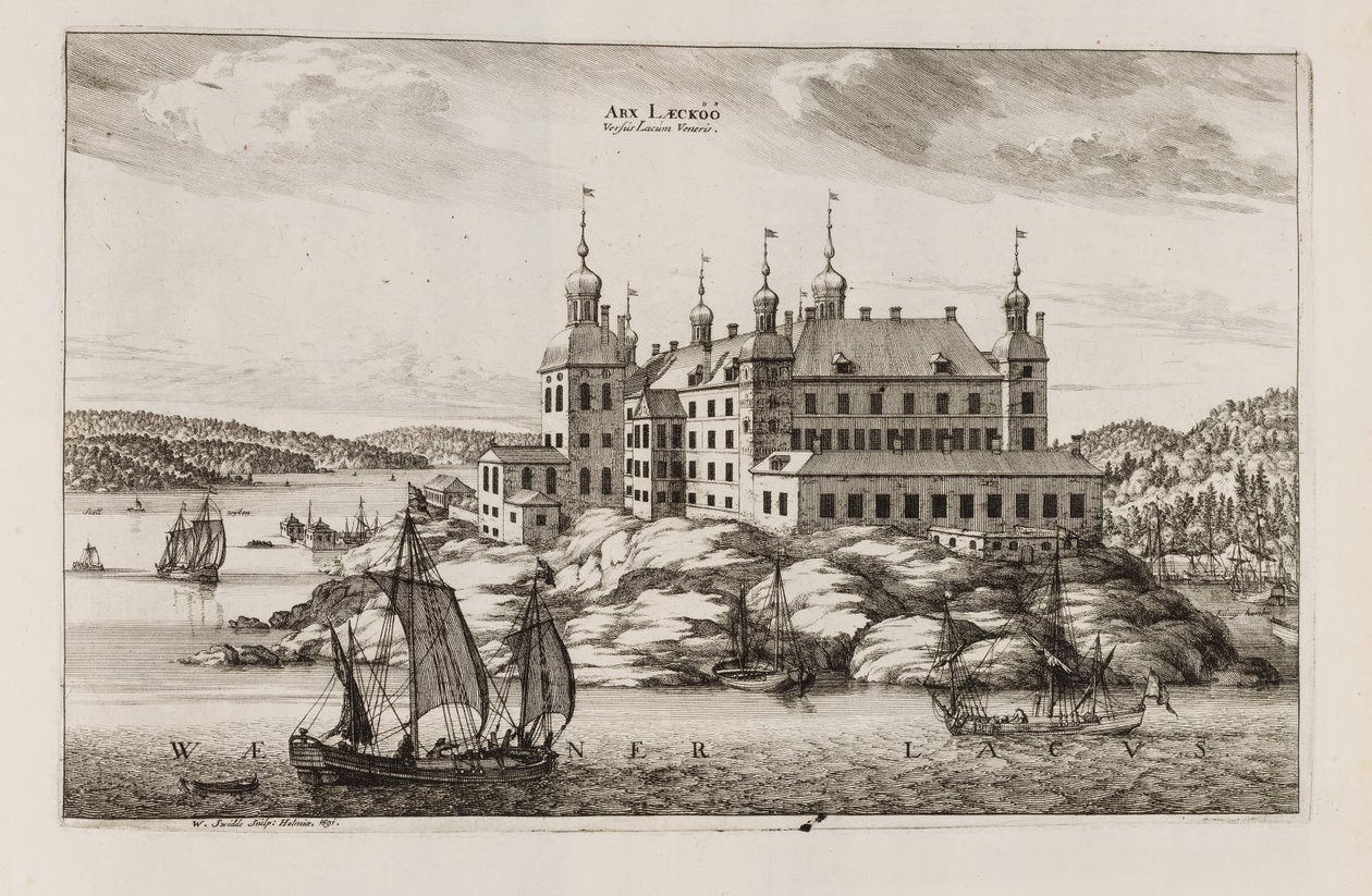 Castelo de Läckö do lado do lago Vänern. De «Suecia antiqua et hodierna» de Willem Swidde