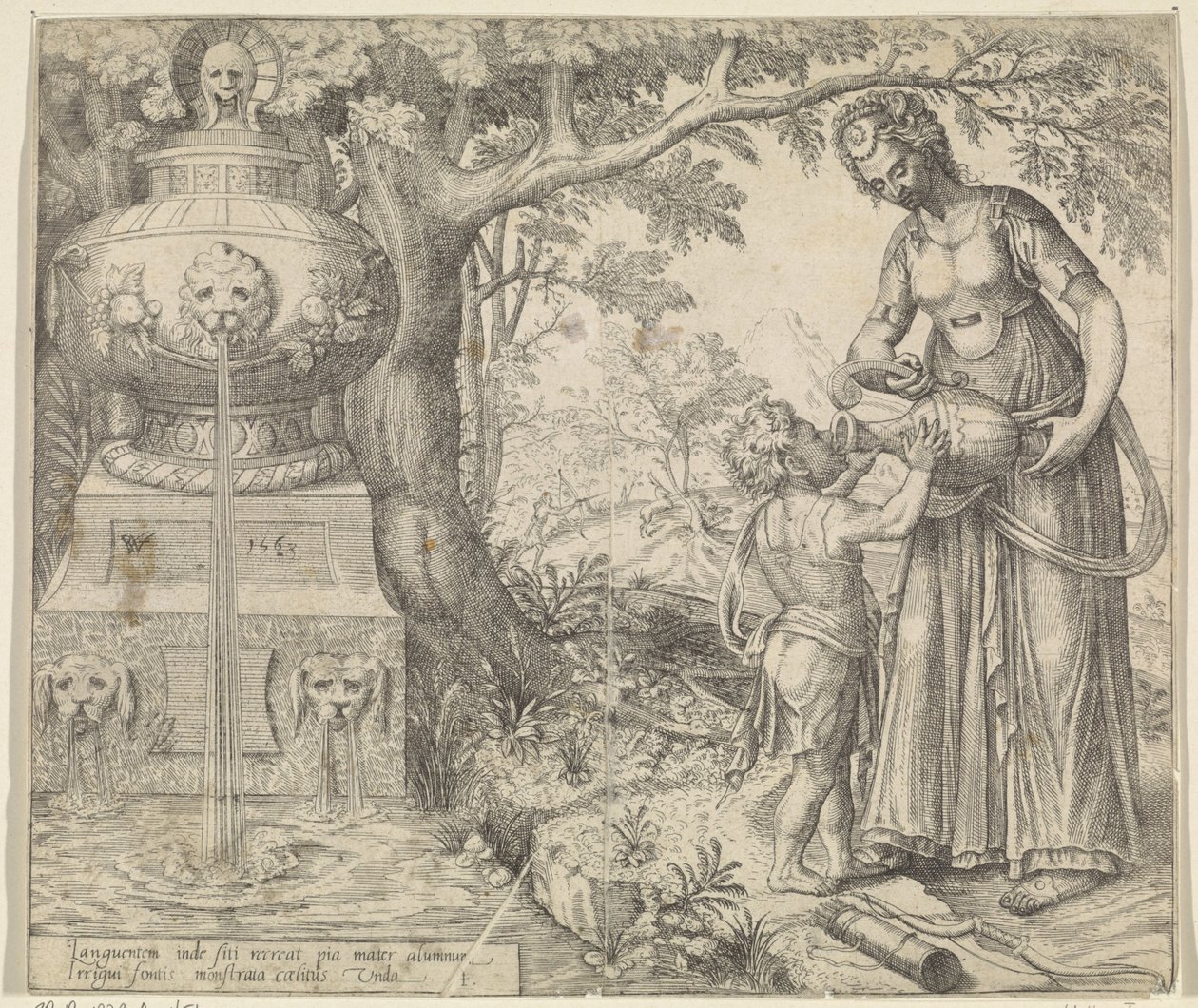 Hagar dá uma bebida a Ismael
História de Hagar e Ishmael (título da série) de Willem Thibaut