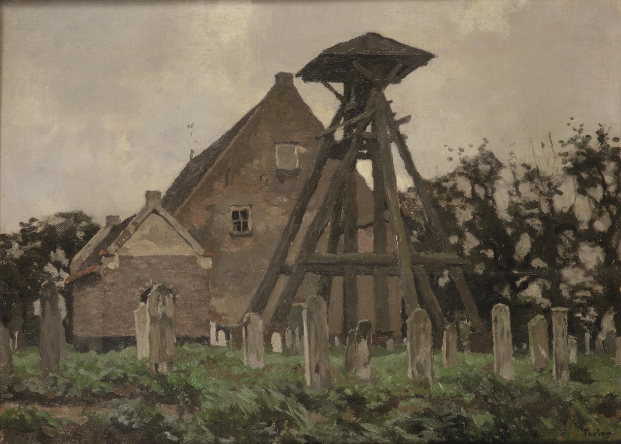 A Igreja de Giethoorn com campanário (óleo sobre tela assente sobre painel) de Willem Tholen