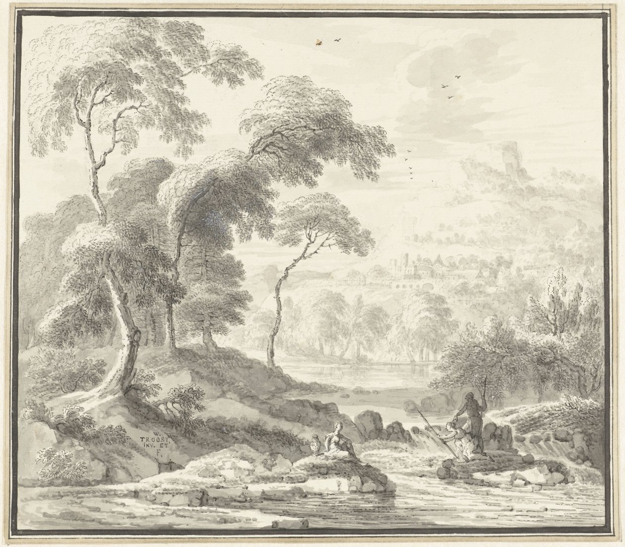 Paisagem montanhosa paradisíaca com mulheres num riacho de Willem Troost (I)