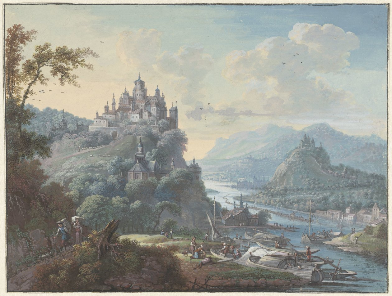 Riverscape com uma cidade no topo da colina de Willem Troost (I)