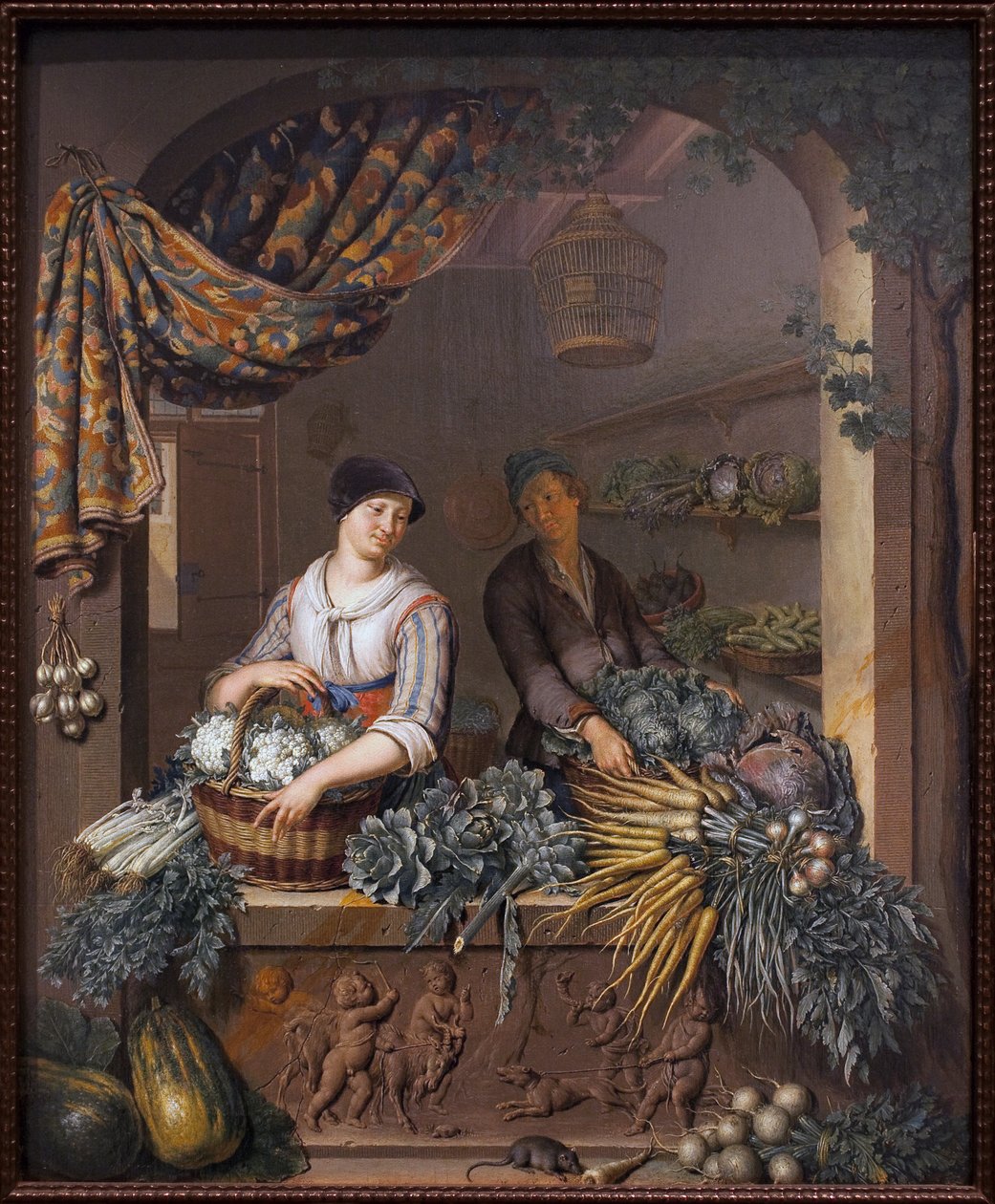 Um vendedor de legumes. Pintura de Willem van Mieris (1662-1747), óleo sobre madeira de Willem Van Mieris