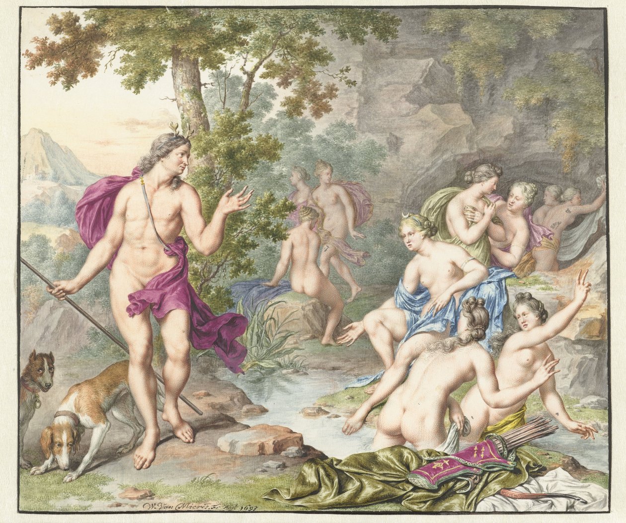 Acteon surpreende Diana e seus companheiros de Willem Van Mieris