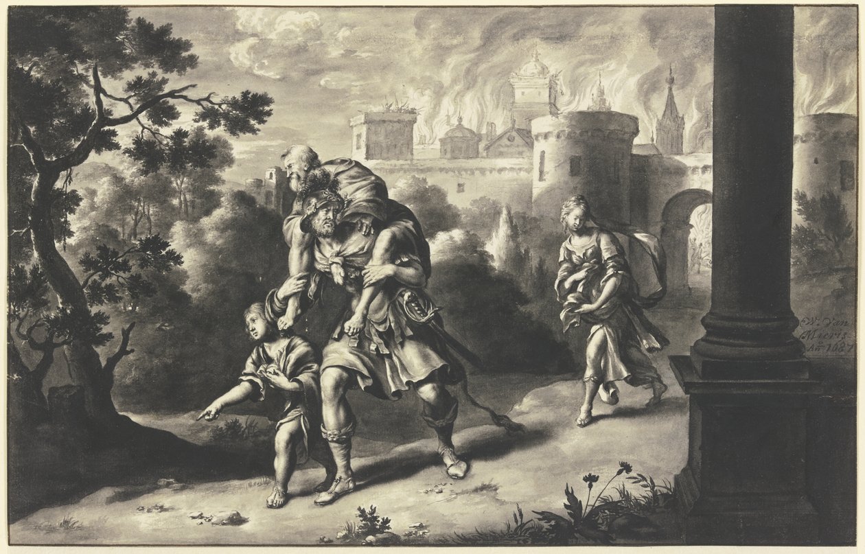 Eneias salva Anquises da Troia em chamas de Willem Van Mieris