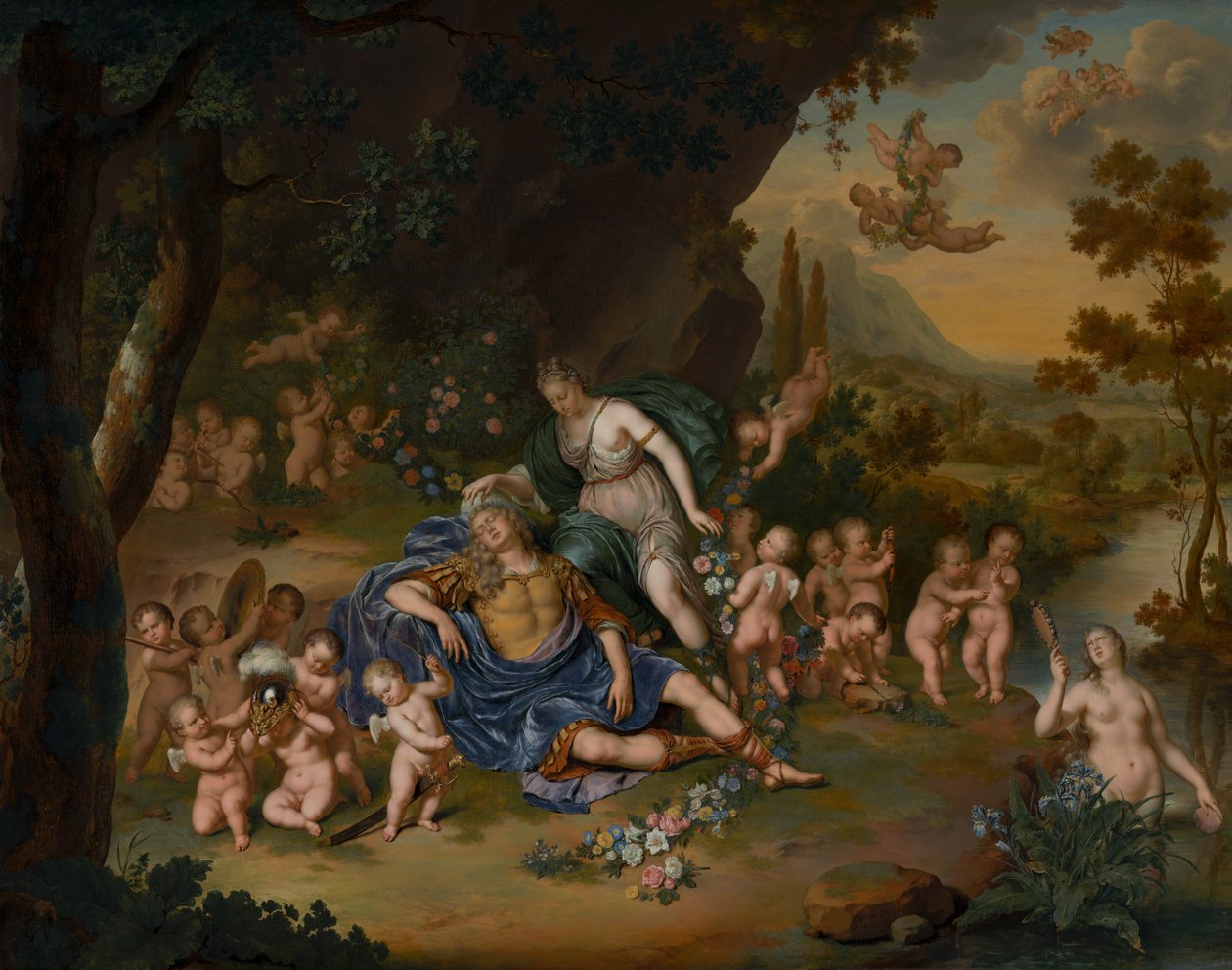 Armida prendendo o adormecido Rinaldo com flores de Willem Van Mieris