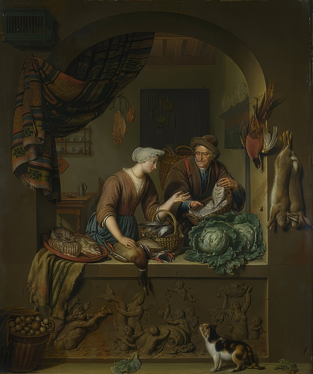 Mulher e peixeiro na cozinha. 1713 de Willem Van Mieris
