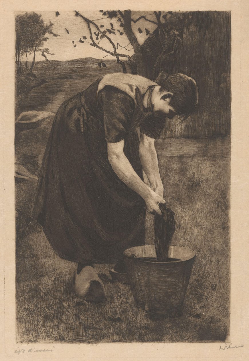 A mulher do agricultor lava os têxteis num balde de Willem Witsen (signed by artist)