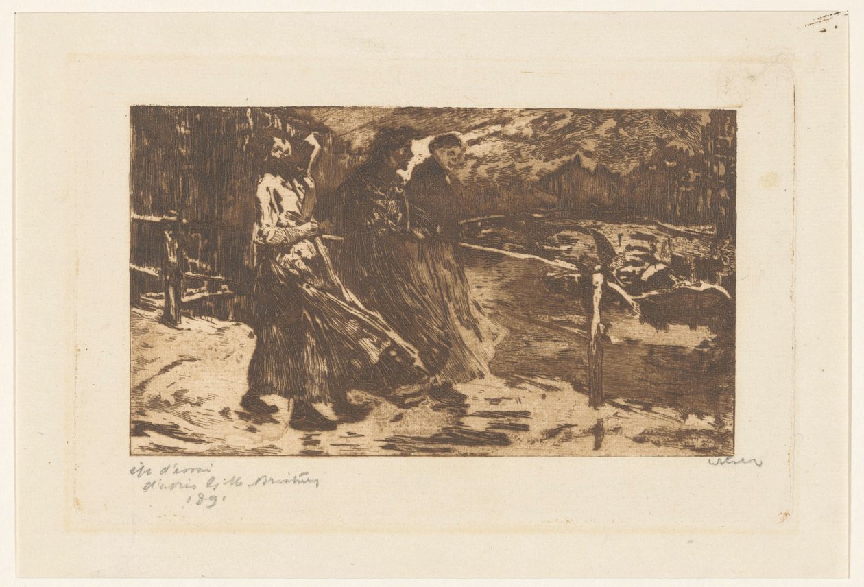 Três mulheres numa ponte com chuva e vento de Willem Witsen (signed by artist)