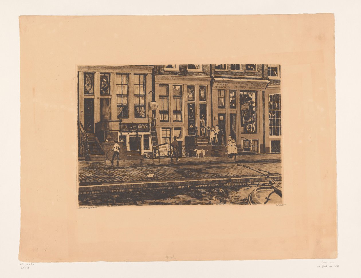 Vista de Oude Waal em Amsterdã Oude Waal com a instalação de lavagem das irmãs Veltkamp (título original) de Willem Witsen (signed by artist)