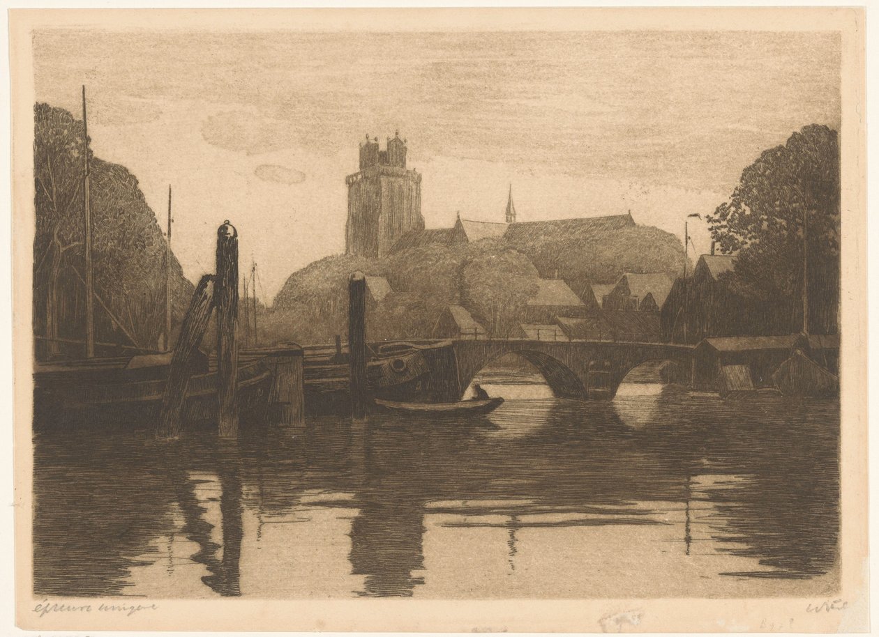 Vista do Nieuwe Haven e do Grote Kerk em Dordrecht de Willem Witsen (signed by artist)