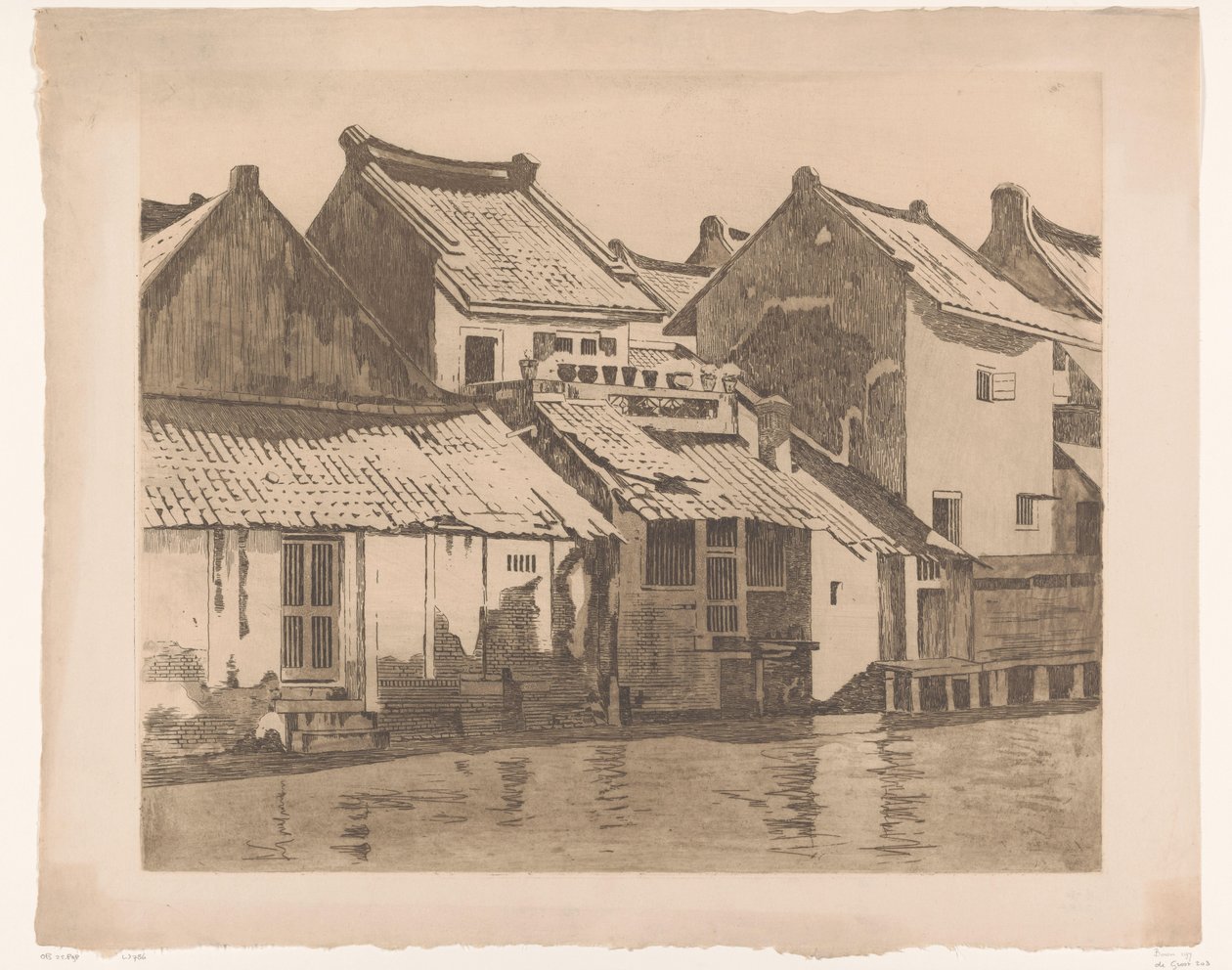 Fachadas traseiras de casas junto a um rio em Batávia de Willem Witsen