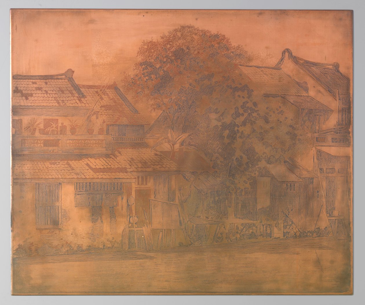 Batávia. Casas junto à kali com árvores entre elas de Willem Arnoldus Witsen