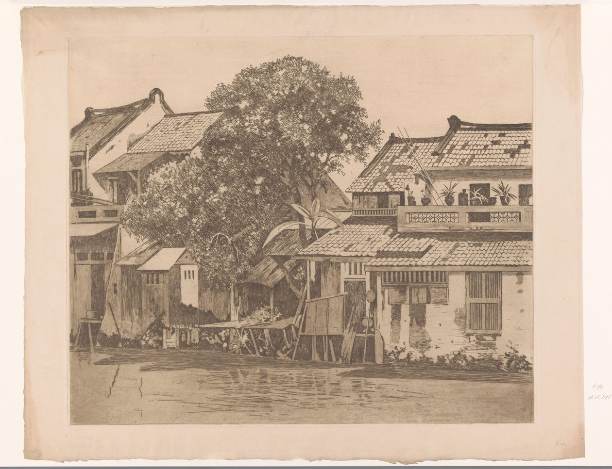Vista de casas em um rio em Batávia Casas no kali. Árvores entre as casas, Batávia (título original) de Willem Arnoldus Witsen