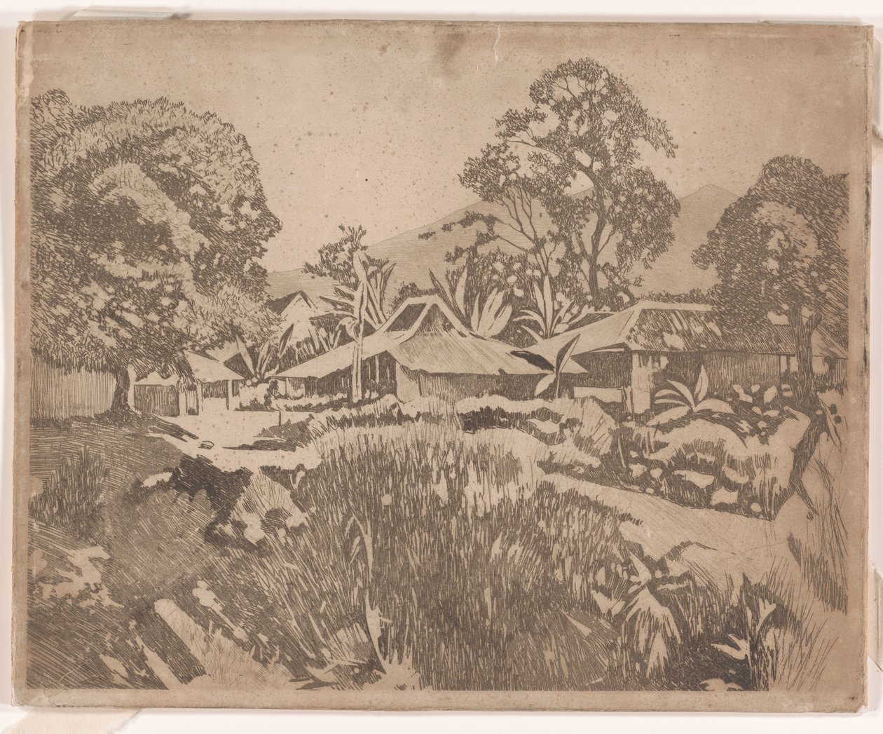 Casas no kampong com os vulcões Salak e Gedeh no fundo, Buitenzorg de Willem Arnoldus Witsen