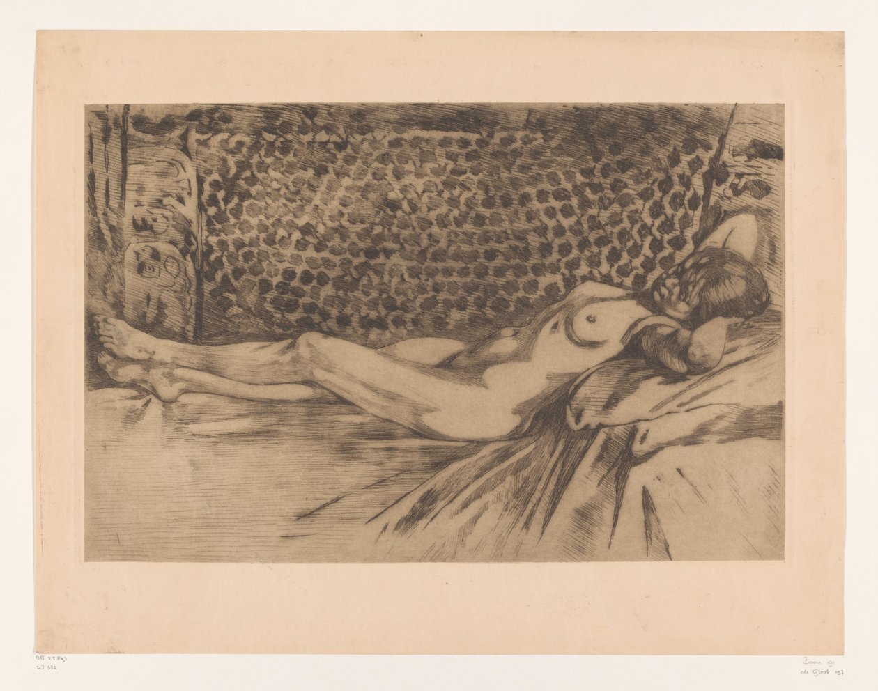 Jovem nua deitada em um sofá Nua, deitada de costas em um sofá, mãos sob a cabeça (título original) de Willem Arnoldus Witsen