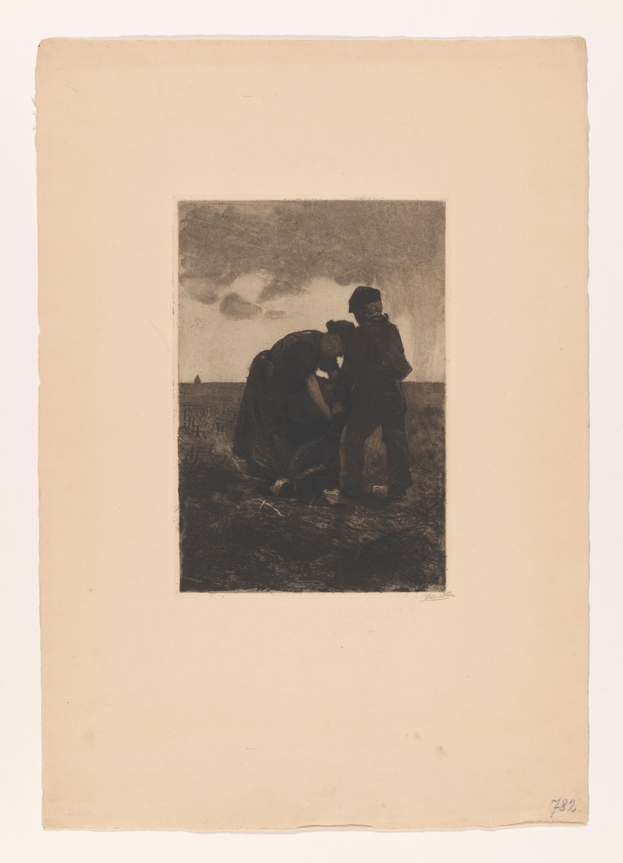 Mulher e rapaz em socos com um saco de serapilheira no campo
Colheita da batata (título original) de Willem Arnoldus Witsen