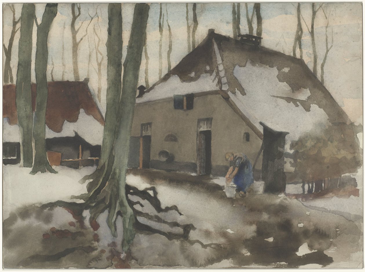 Mulher na frente de uma casa em uma floresta de neve de Willem Arnoldus Witsen