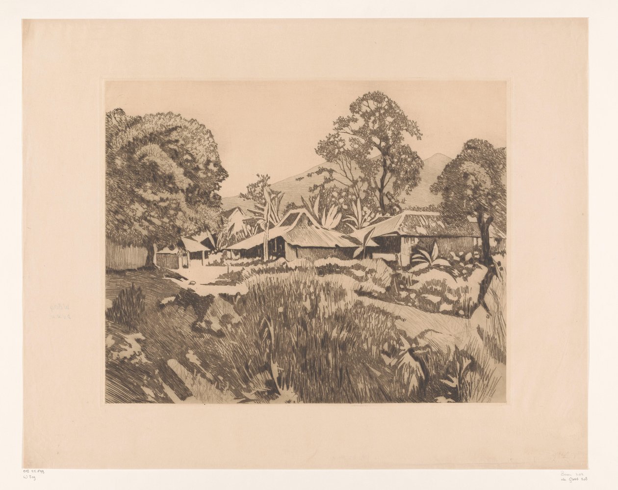 Casas em Bogor antes dos vulcões Salak e Gede Casas no kampong com os vulcões Salak e Gedeh ao fundo, Buitenzorg (título original) de Willem Arnoldus Witsen