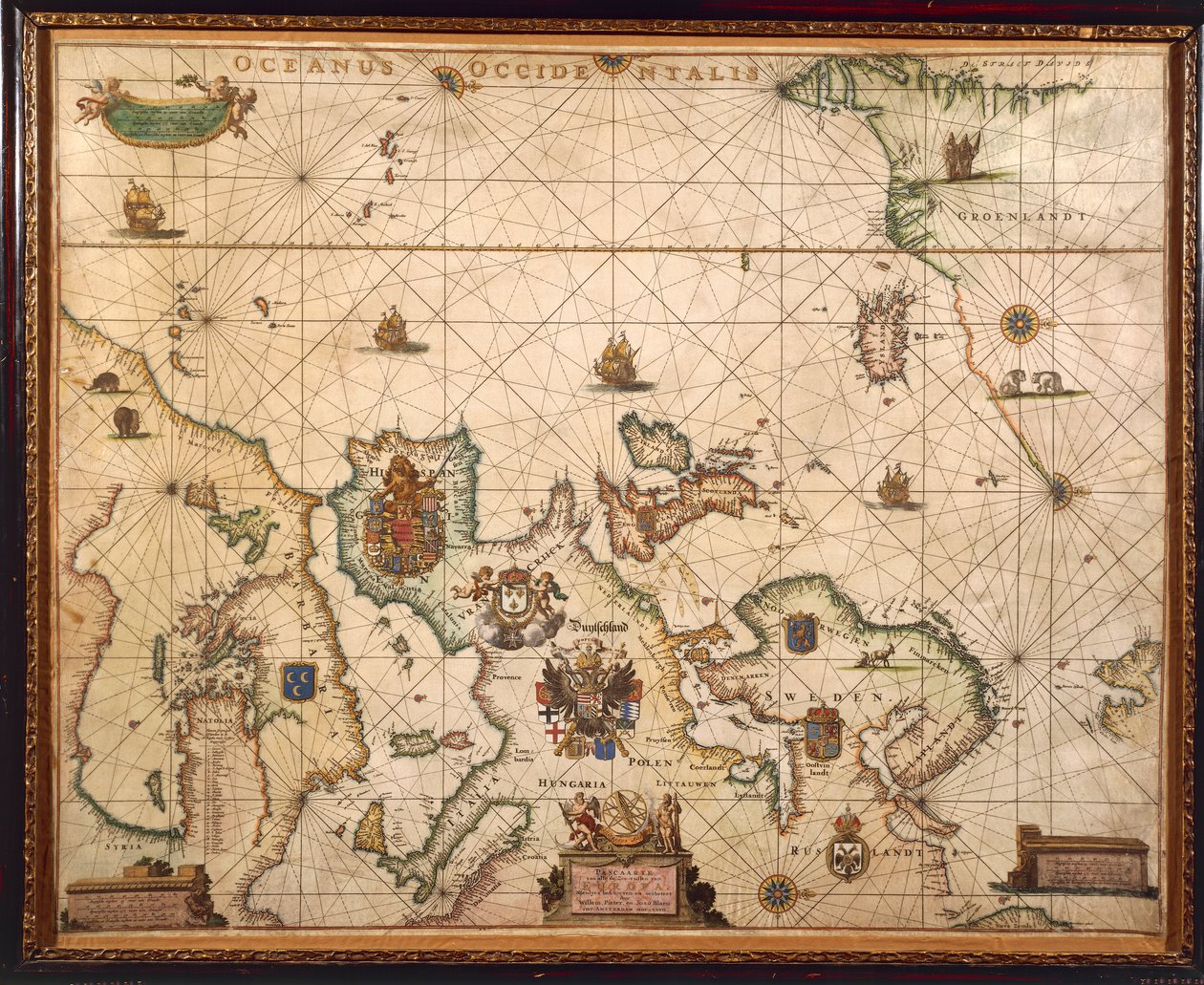 Costa Europeia, mapa em pergaminho de Willem e Joan Blaeu de Willem and Joan  Blaeu