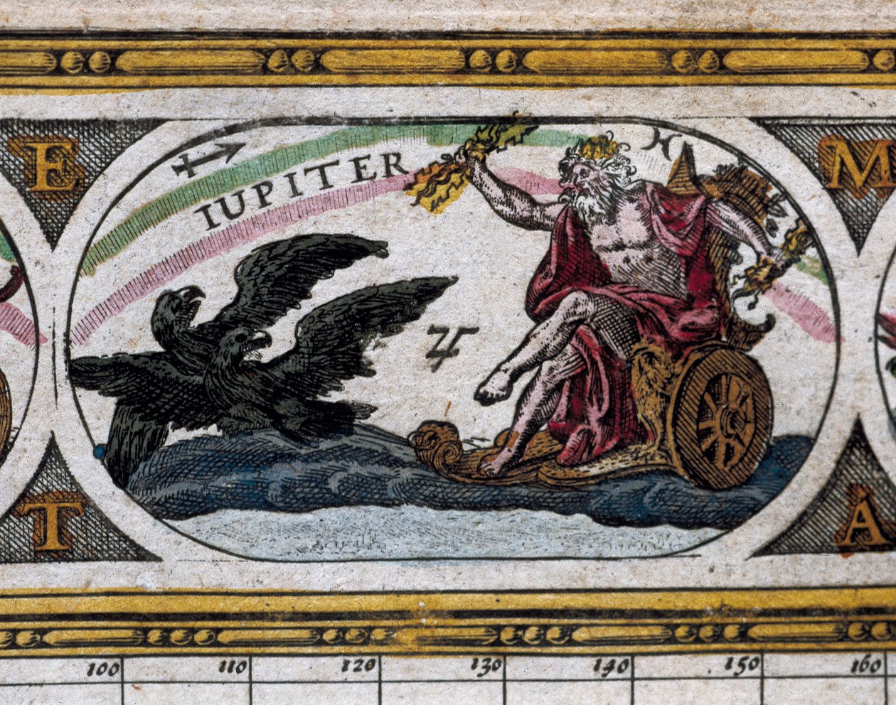Representação do Deus Júpiter lutando contra águias negras em sua carruagem (gravura) no "Le Theatre du Monde". de Willem and Joan  Blaeu