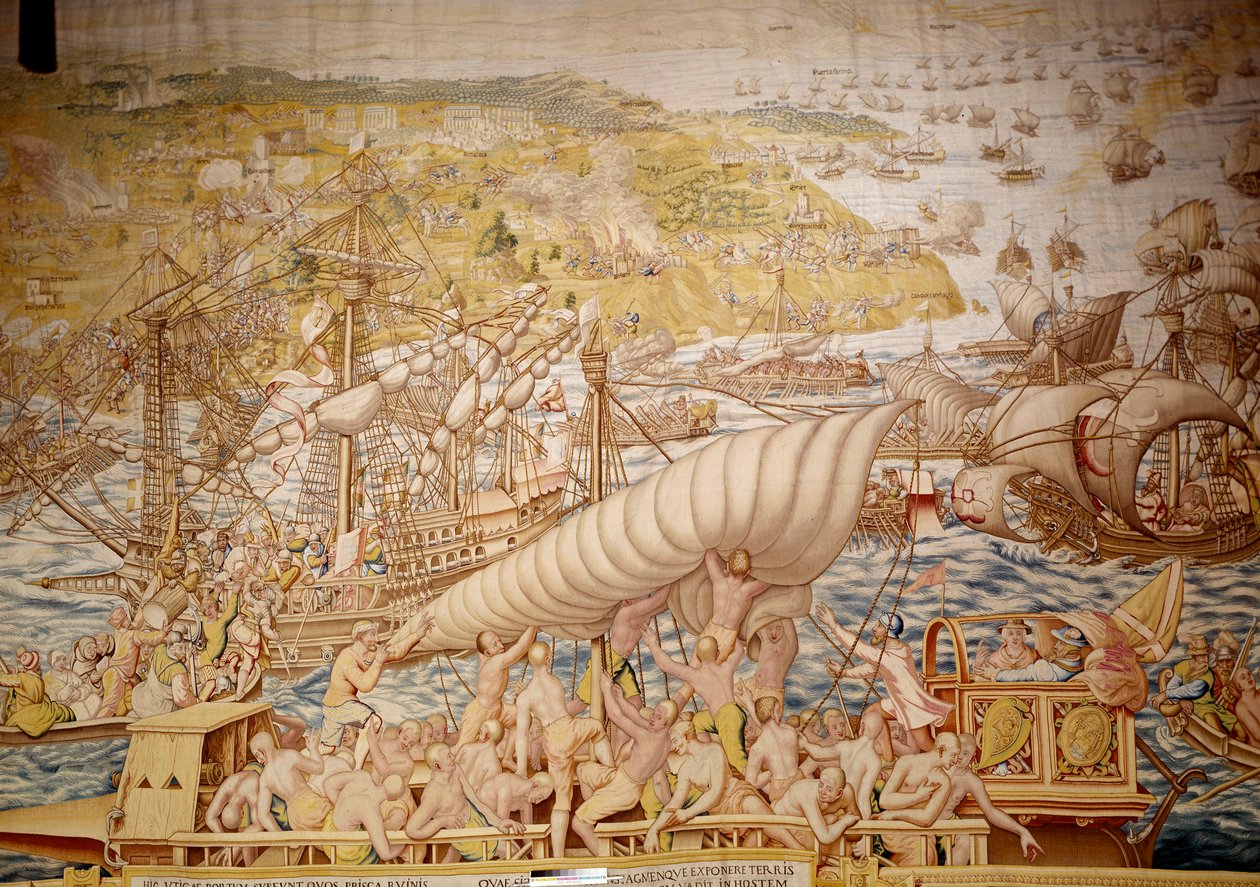 Conquista de Tunis pelo Imperador Carlos V: a sede de Golette em 1535. Detalhe de uma tapeçaria de Willem de Pannemaker (activa por volta de 1535-1554) 1554 Alcazar de Sevilha de Willem de Pannemaker