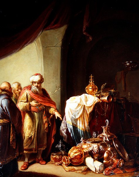 Croesus mostrando suas riquezas para Solon (óleo sobre painel) de Willem de Poorter